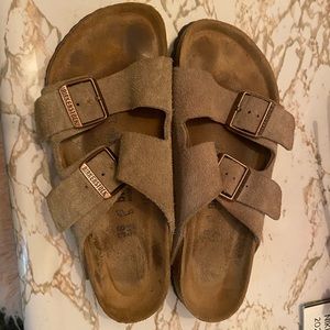 Taupe suede Birkenstock Arizona Sandal, size 38.